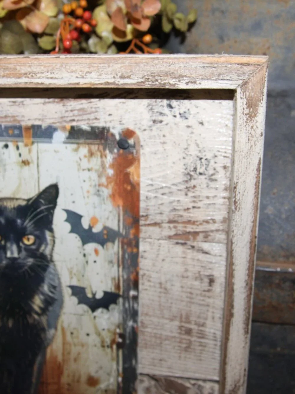 NEW Black Cat on Jack-O-Lantern with Bats Rustic Farmhouse Halloween Wall Decor